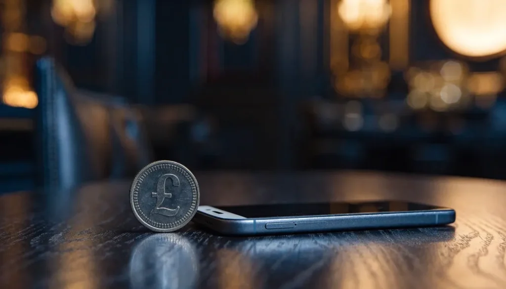 One-pound coin beside a switched-off smartphone in a casino lounge