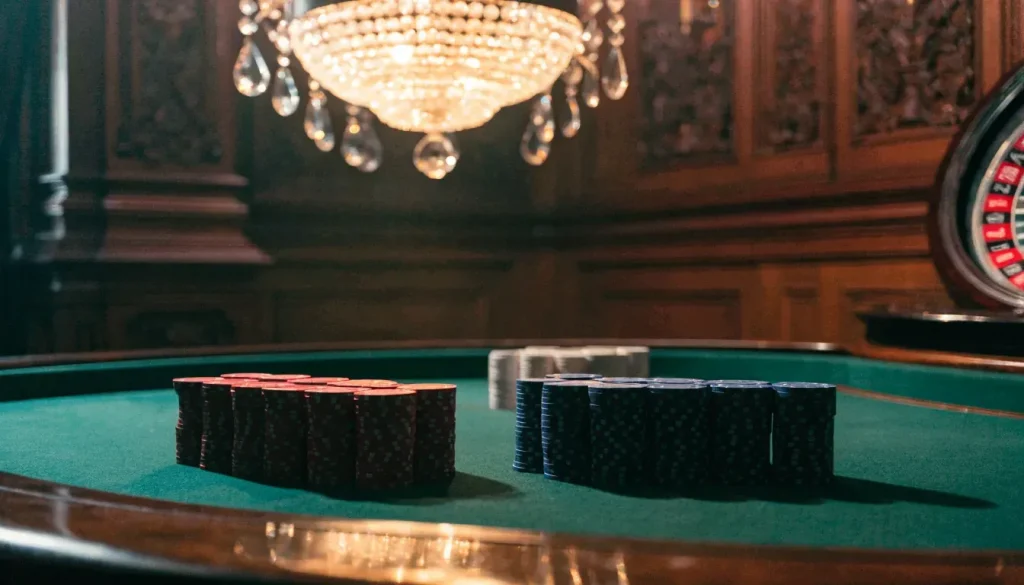 Classic British casino table with colorful chips under a chandelier