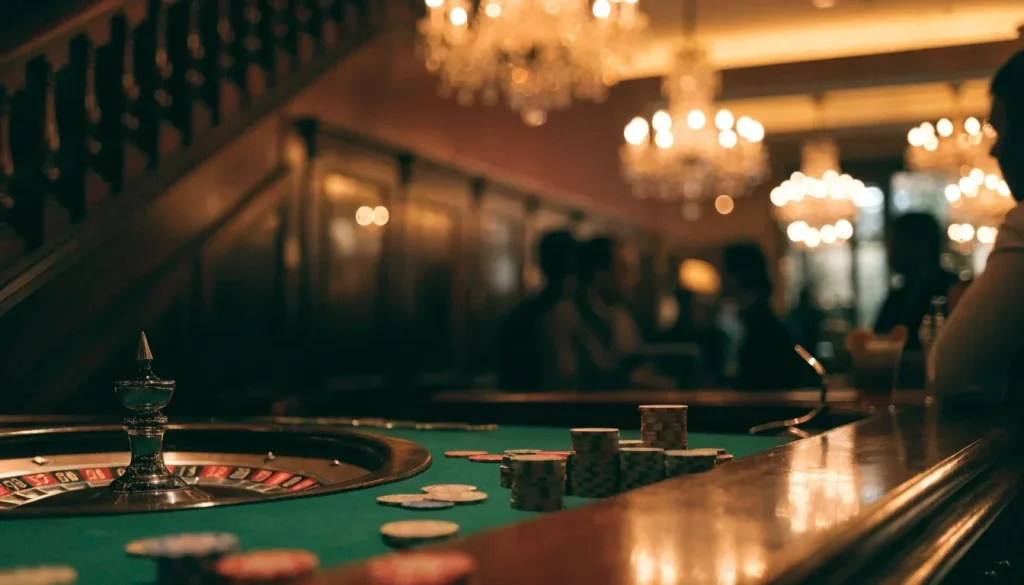 Stylish London casino lounge with chips and roulette wheel