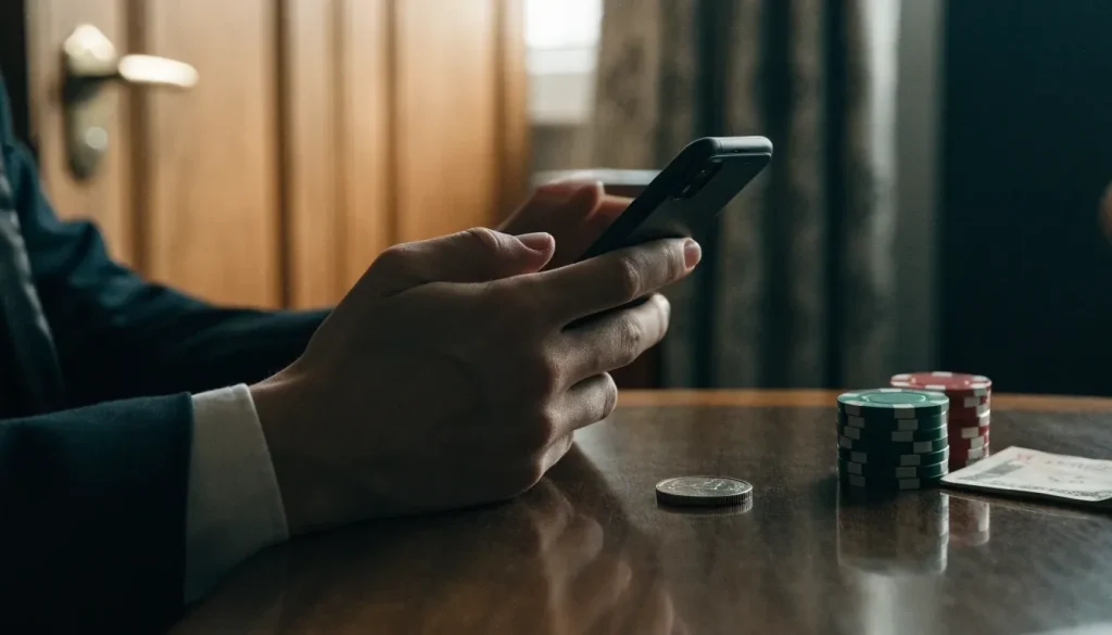 Phone, £2 coin and casino chips on a UK player’s table