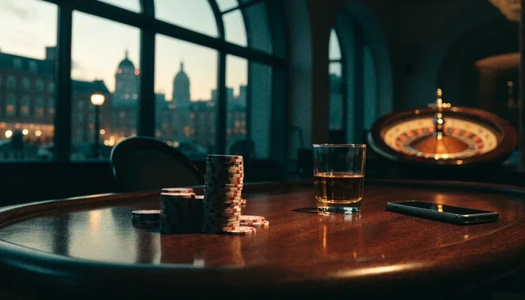 Stylish British casino table with chips and roulette wheel near a window overlooking London at dusk