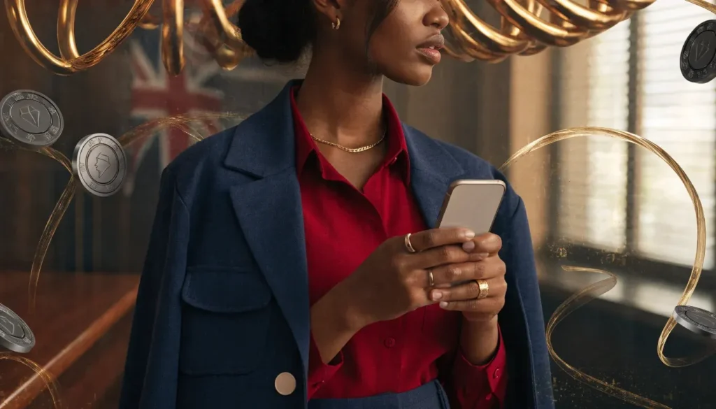 British casino lounge with smartphone, free-spin tokens and golden spiral motifs