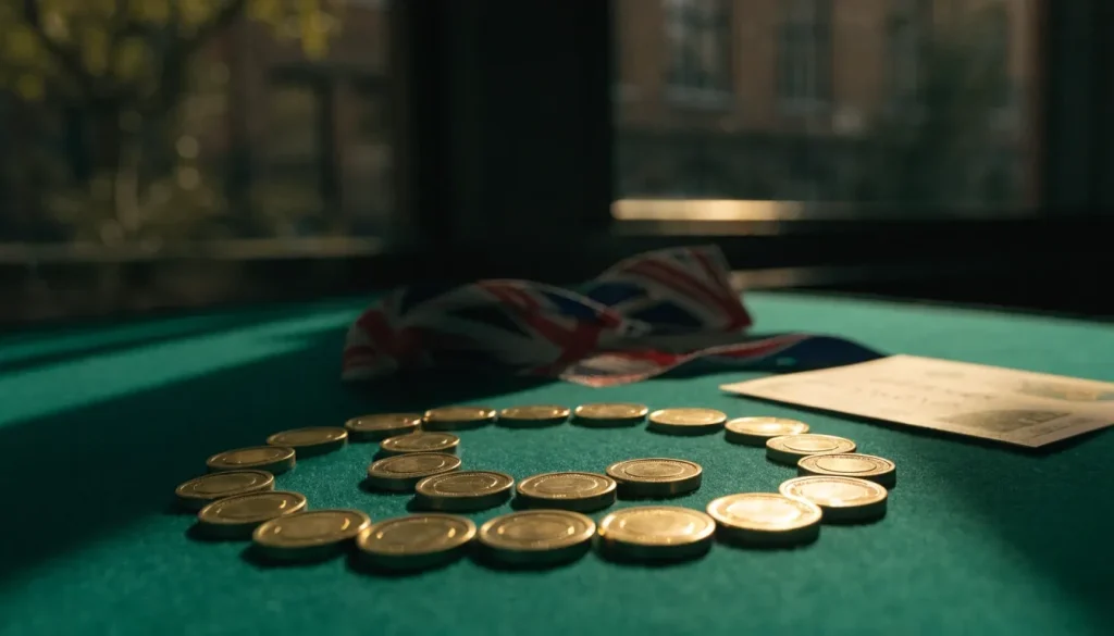 Twenty-five gold casino tokens beside a blank UK-themed voucher