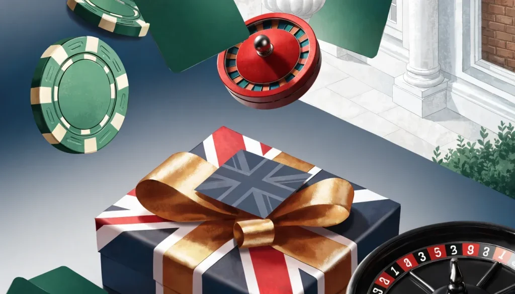 Casino-themed gift box with tokens and roulette accessories in a premium UK setting
