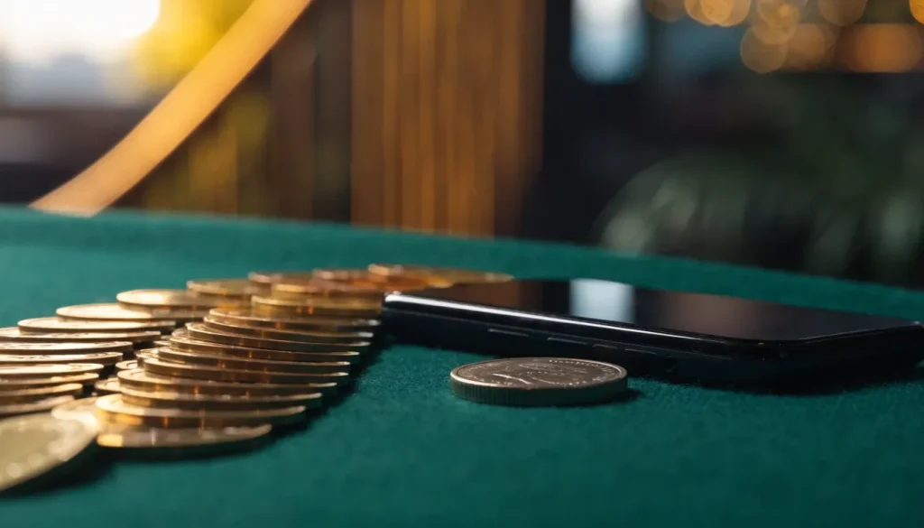 Forty casino chips, a pound coin and a closed phone on green baize