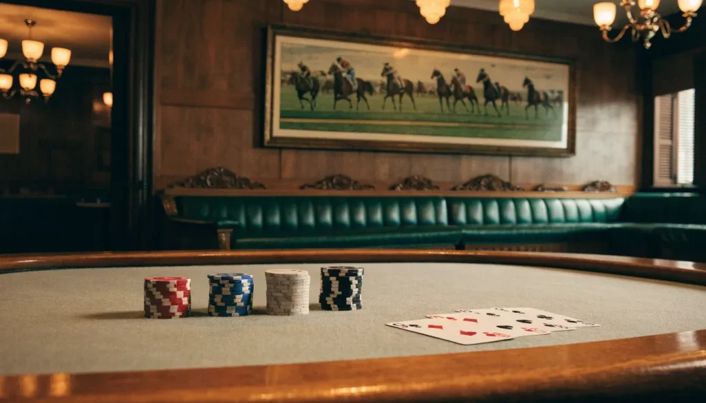 Traditional British casino lounge with wooden table, stacked chips, and playing cards.