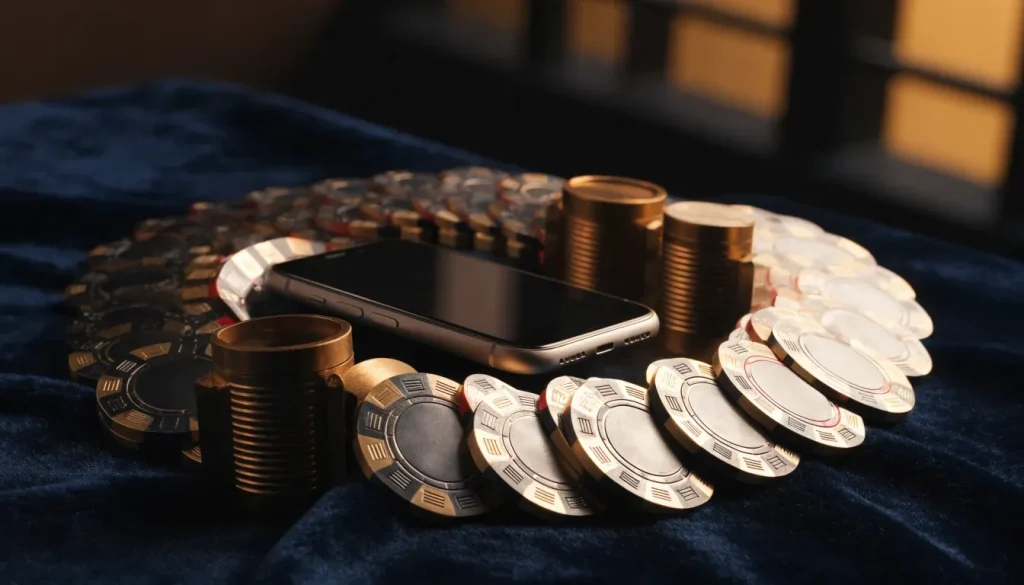 Fifty casino chips arranged around a closed UK-themed smartphone