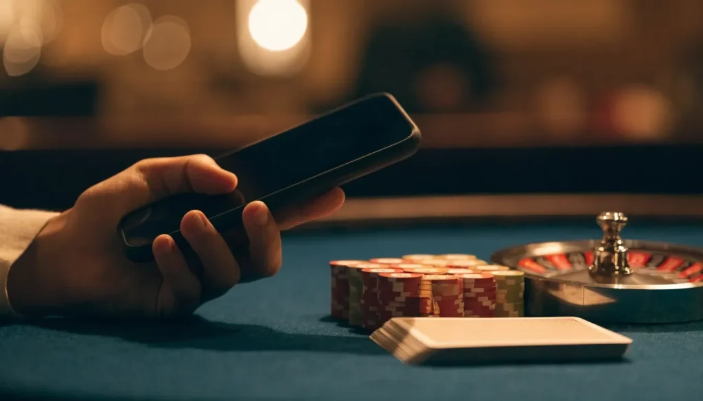 Smartphone with dark screen beside casino chips and roulette wheel