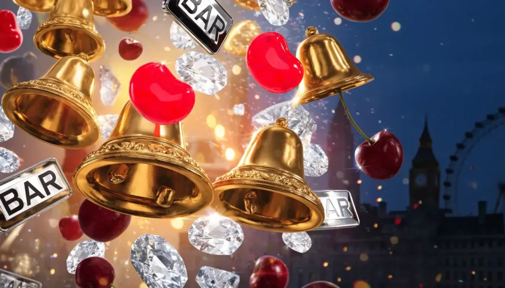 Floating slot machine symbols against a blurred London skyline representing UK free spins offers
