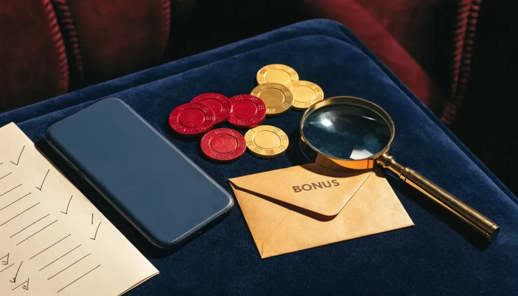 UK casino bonus verification scene with magnifying glass, tokens, envelope, and phone