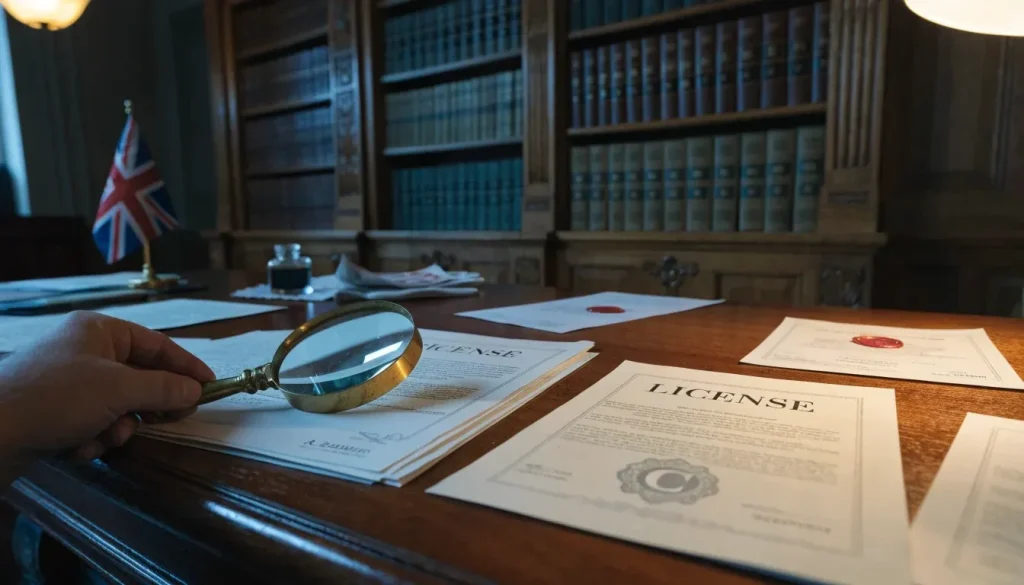 British regulatory desk with stamped license documents examined under a magnifying glass
