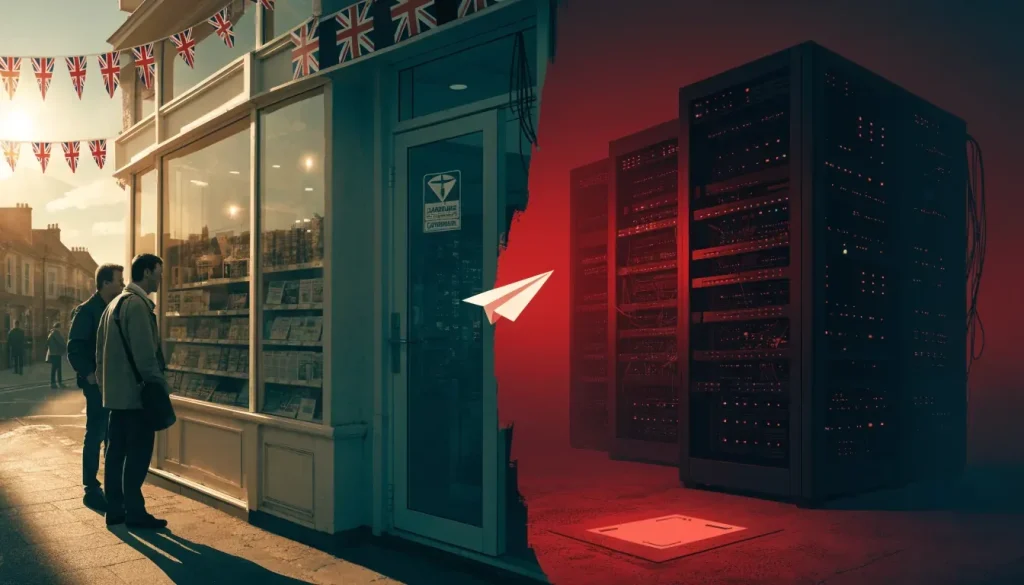 Split illustration contrasting a UK-regulated betting shop with an offshore casino server room, separated by a paper airplane.