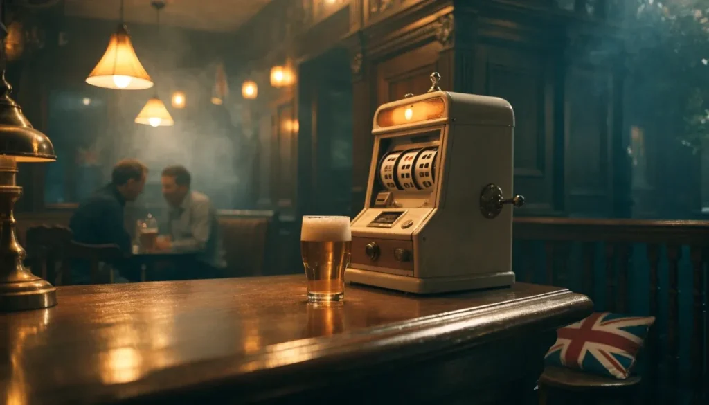 Vintage British pub interior with a classic three-reel slot machine beside an ale glass.