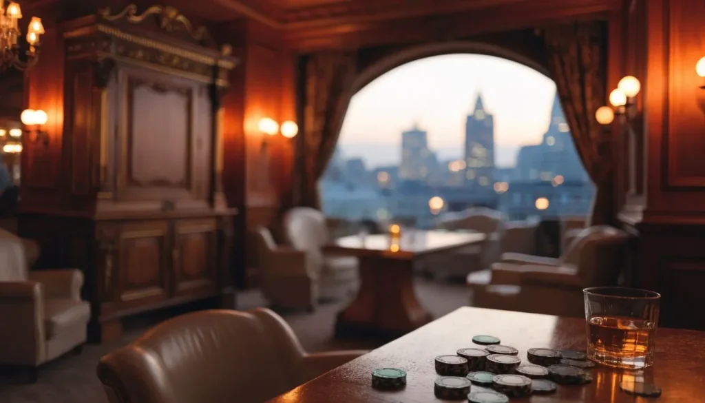 Elegant British casino lounge interior with chips and whisky glass