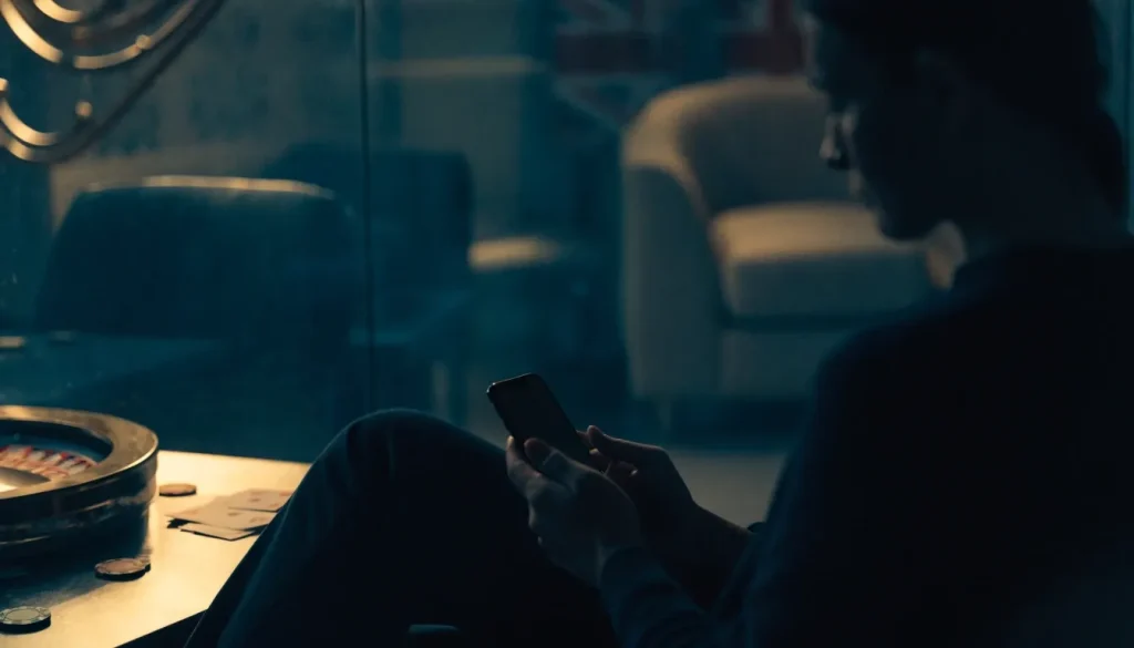Adult player holding an Android phone in a stylish UK casino lounge