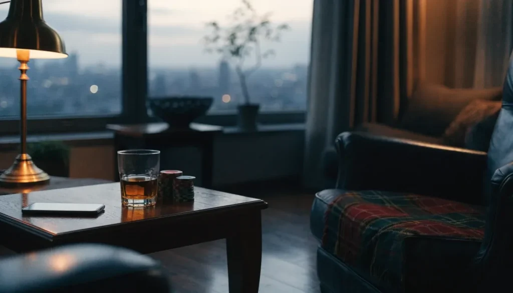 Cozy British living room evening scene with face-down smartphone, whisky glass and casino chips on a coffee table