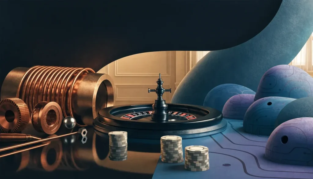 Two contrasting casino software studios surrounding a refined British gaming table