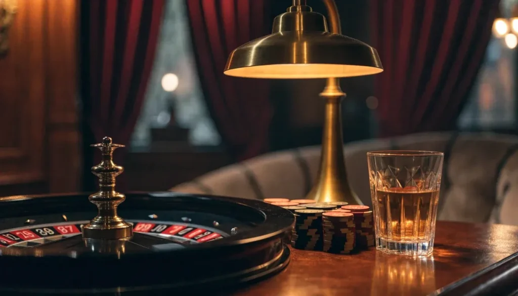 Roulette wheel and casino chips on a mahogany table in a London lounge