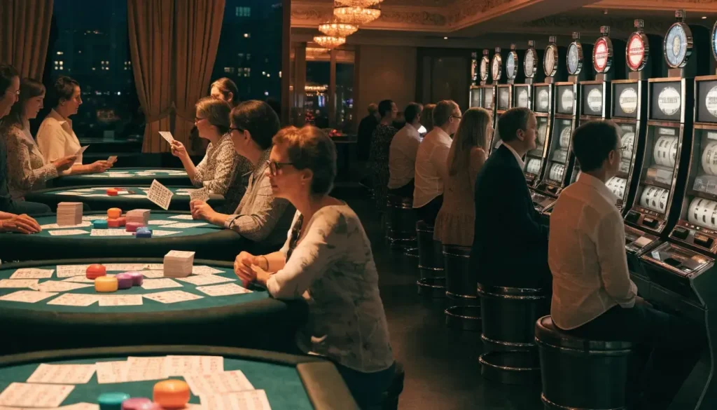 UK casino lounge contrasting bingo tables with unbranded slot machines
