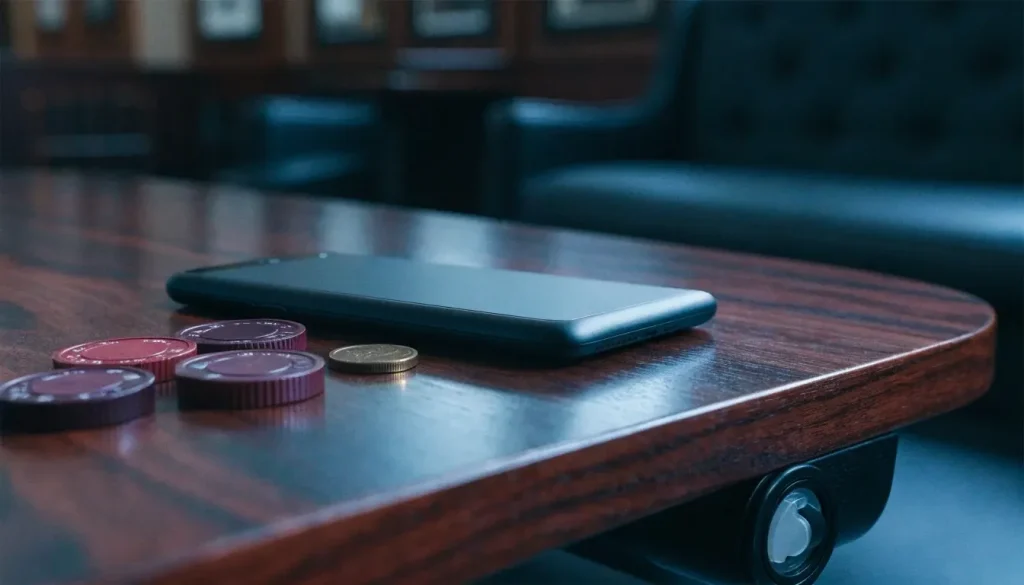 Face-down smartphone with casino tokens in a regulated UK setting