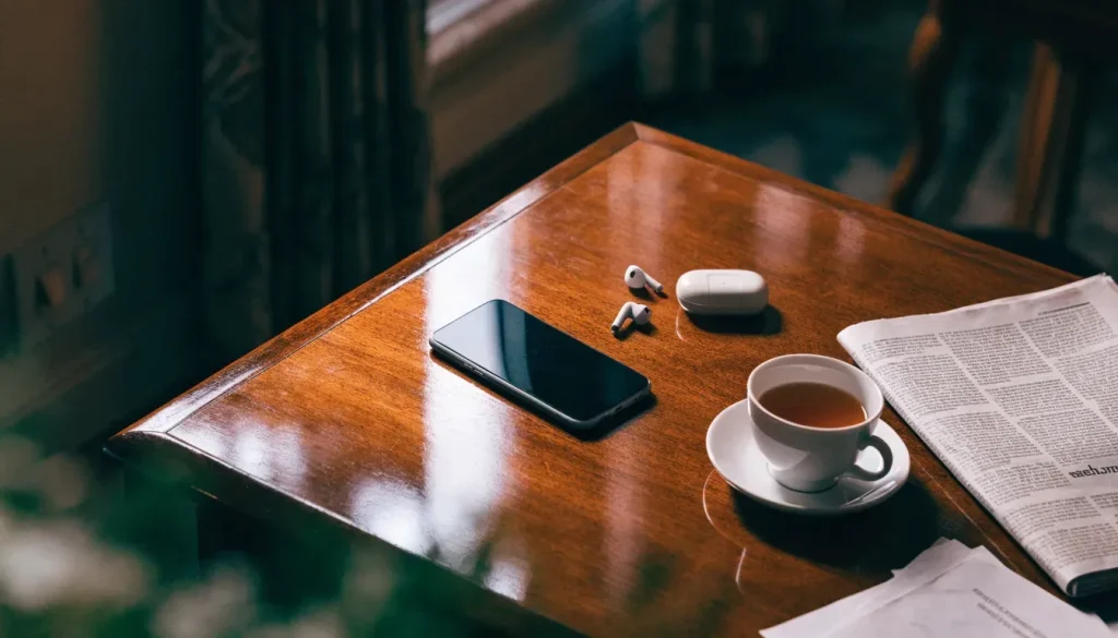 Smartphone face-down on a mahogany desk with tea and earbuds in a warm UK home office.