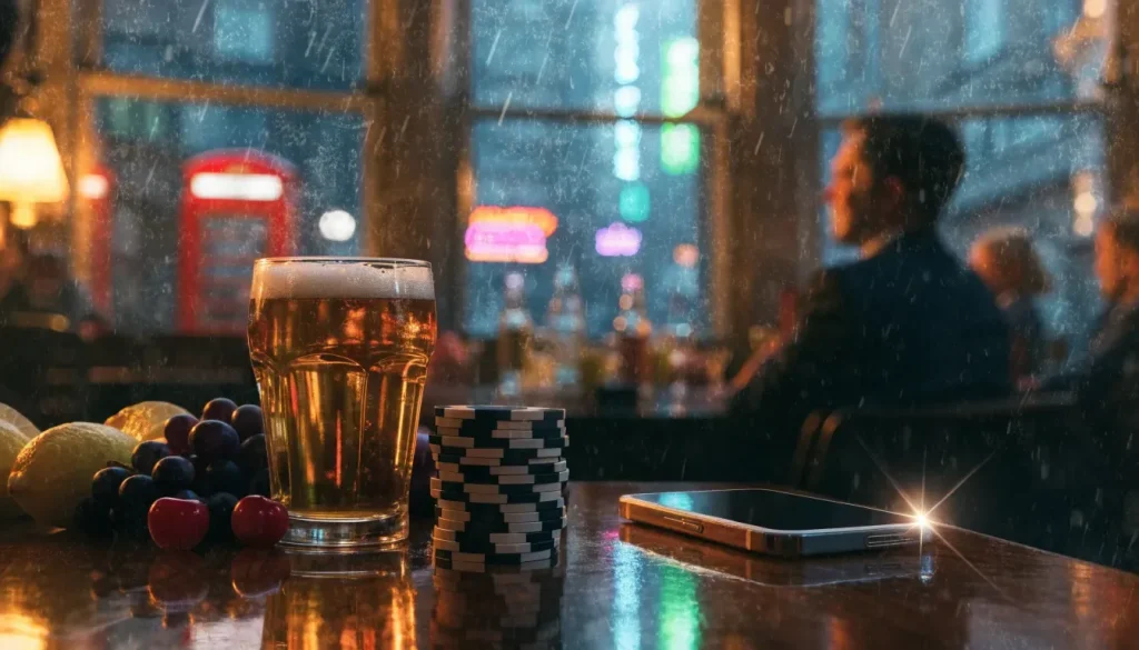 British pub interior with casino chips, fruit and ale at evening