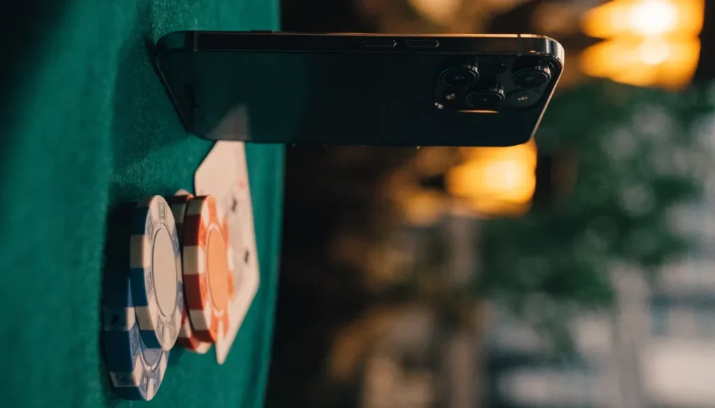 Smartphone on green felt beside casino chips and a playing card