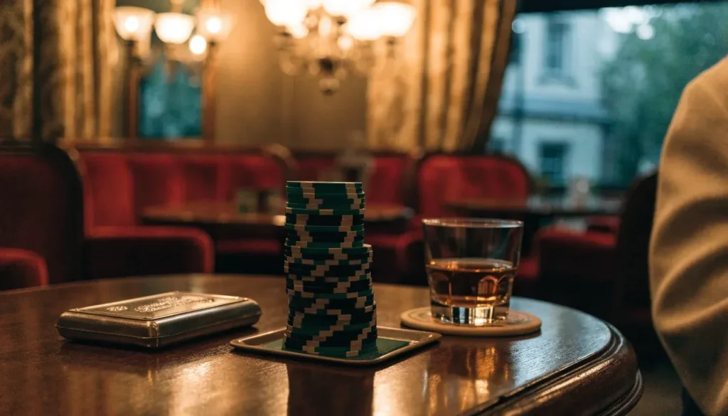 British casino lounge interior with chips and whiskey on a velvet table