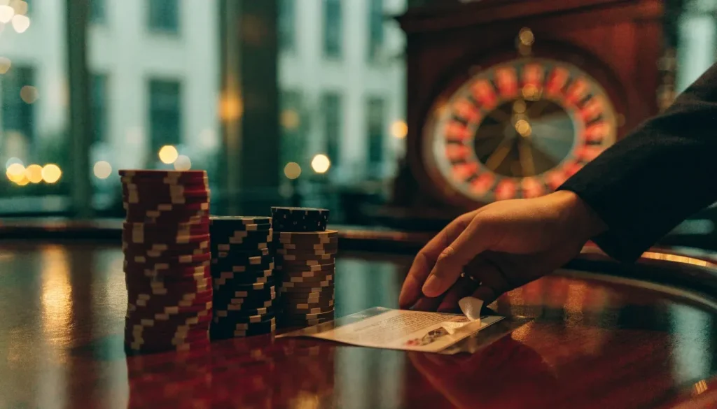 Casino chips and a welcome card on a roulette table in a London lounge