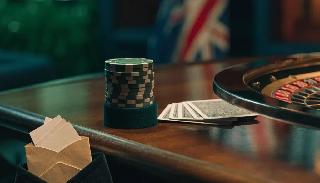 UK casino chips, cards and bonus envelope without wagering conditions