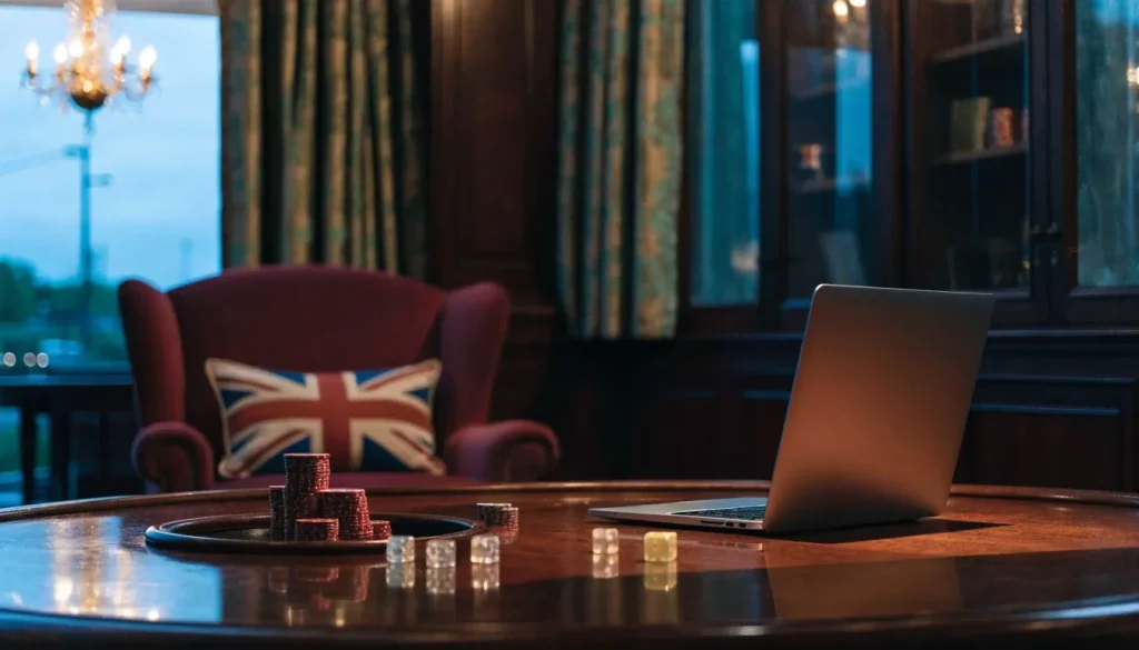 Premium UK casino setting with craps chips, dice, and a closed laptop