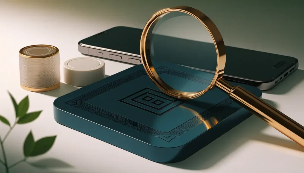 Magnifying glass inspecting a casino game tile in a dark premium setting