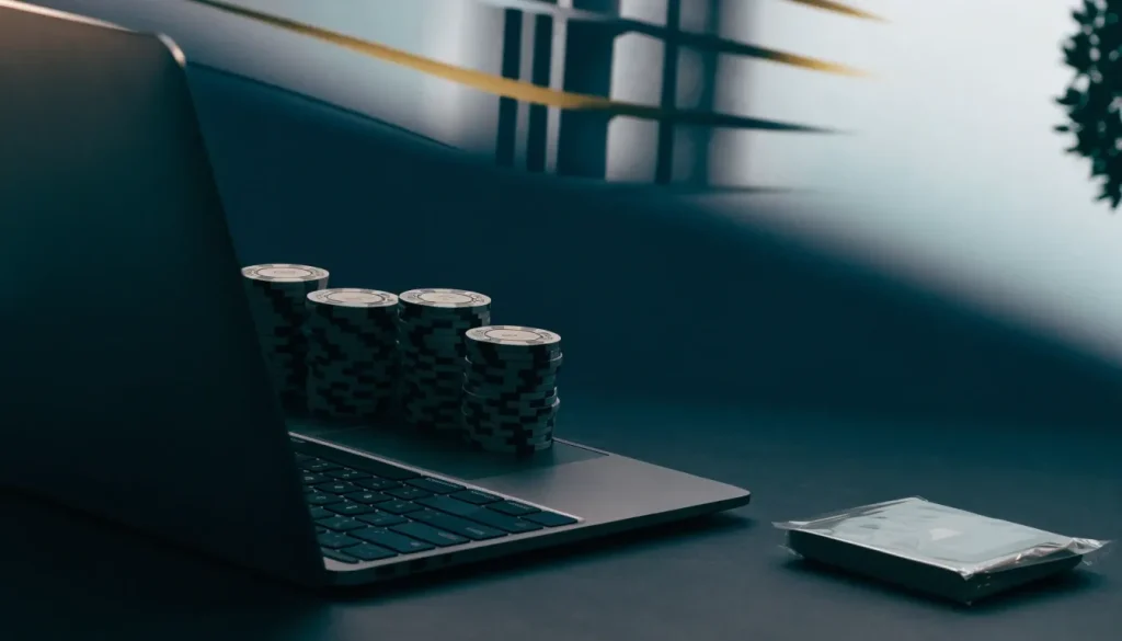 Modern UK casino platform represented by neutral devices, chips, and cards