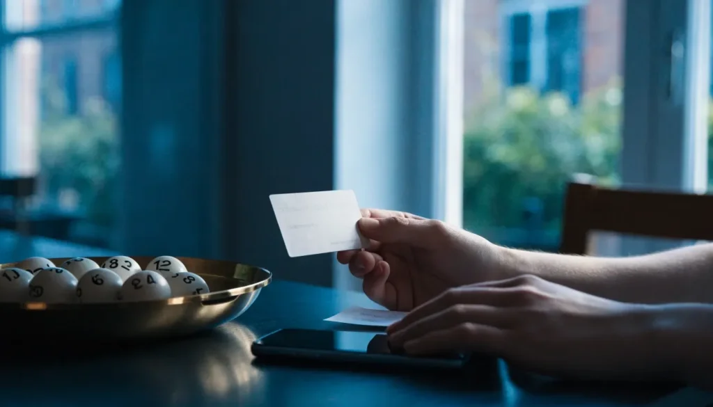Hands holding bank card beside closed phone and keno balls