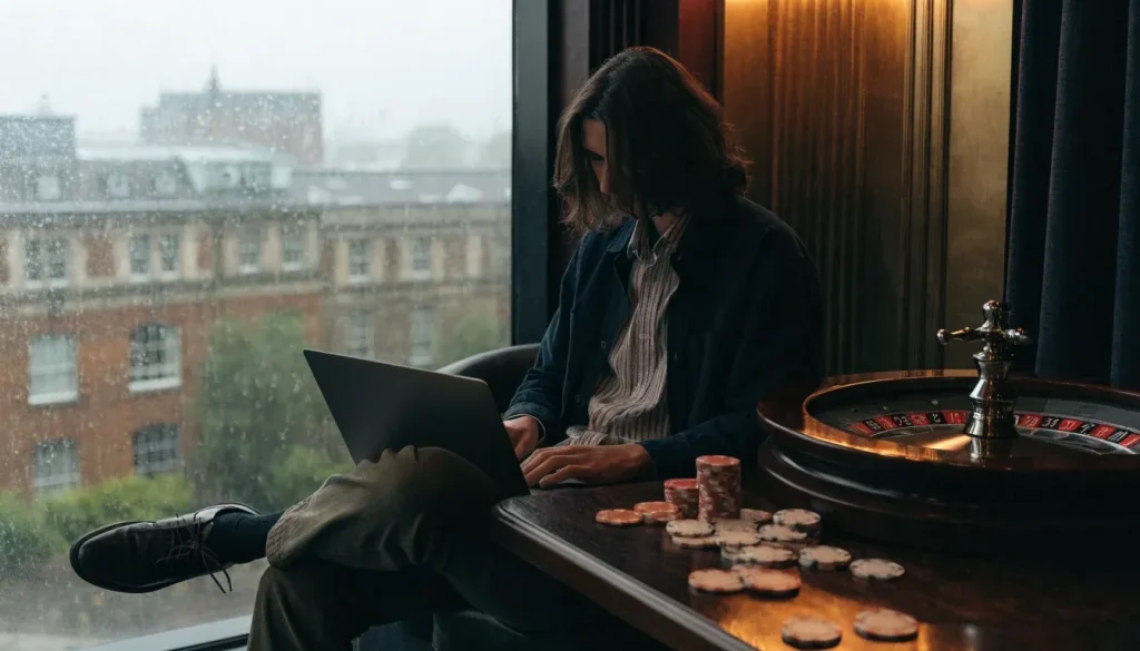 British player considering international casinos on a discreet laptop