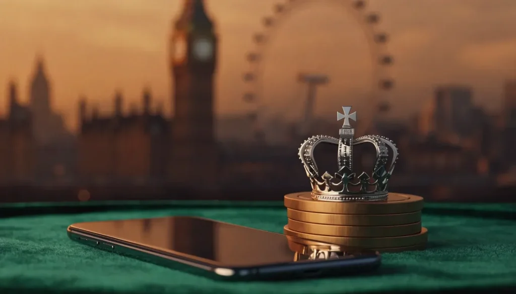 British online casino themed cover with smartphone, gold chips, crown and London skyline