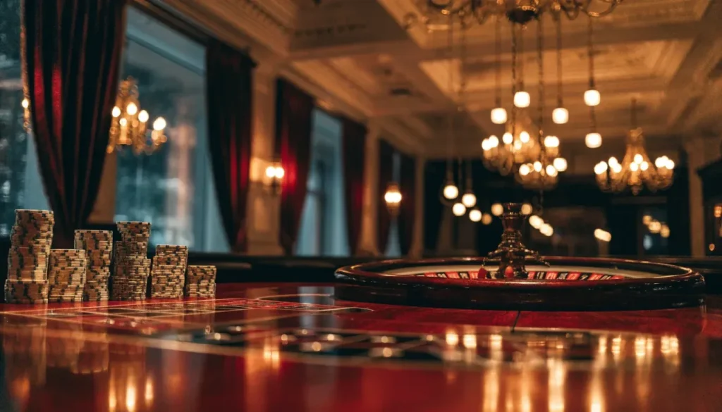 Luxurious London casino lounge with roulette table and chips at night