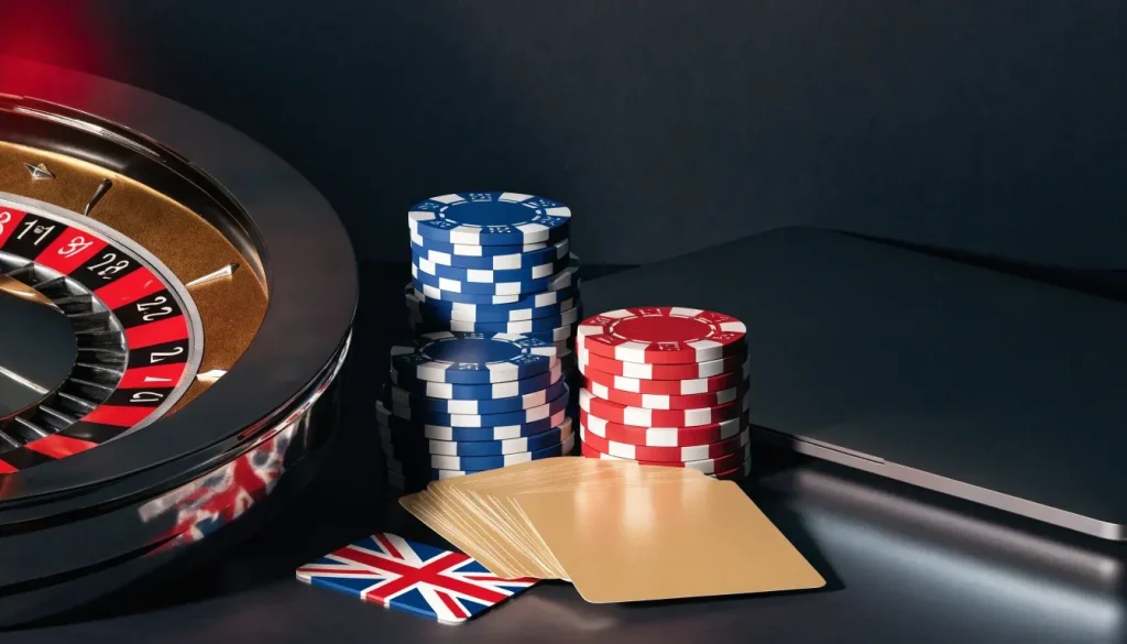 Elegant UK casino review cover with roulette, chips and closed laptop