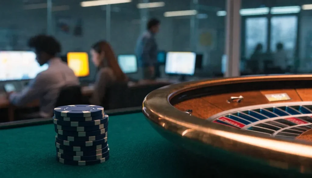 Casino chips and roulette wheel in foreground with game development studio softly blurred behind.