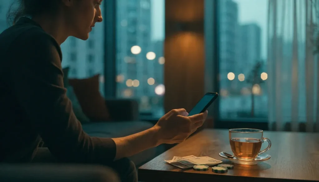 Person holding smartphone with payout cash and casino chips at home