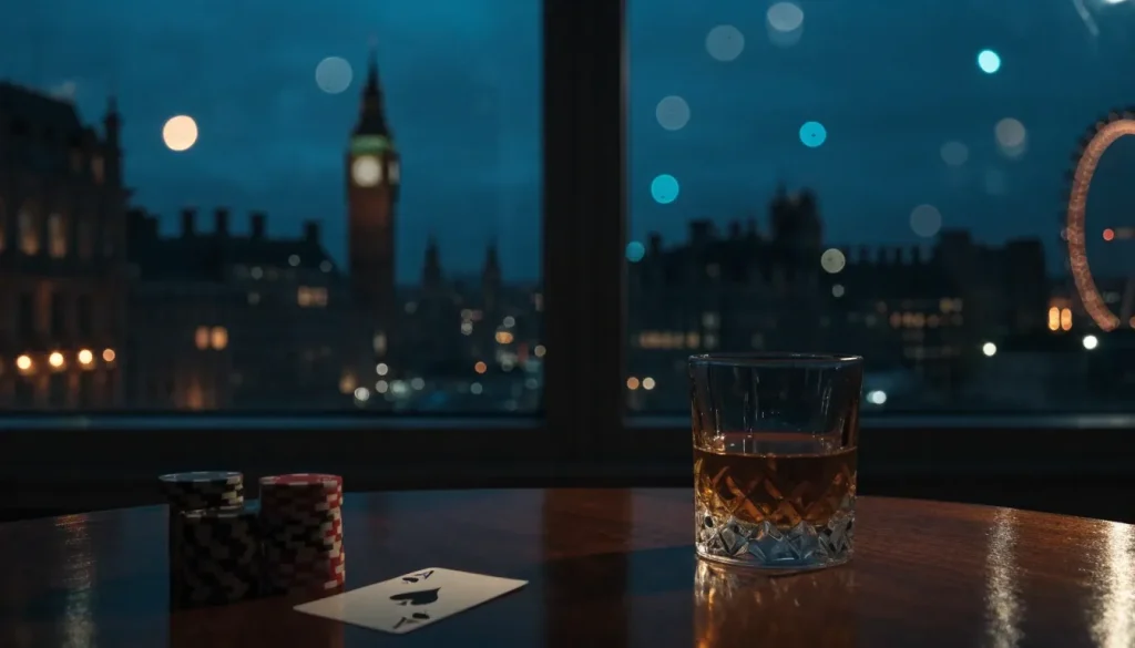 London skyline at dusk with casino chips and whisky on a table