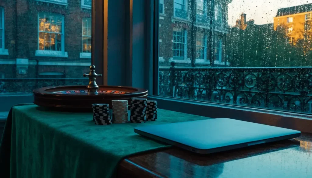 Elegant British casino lounge with roulette wheel, chips and closed laptop