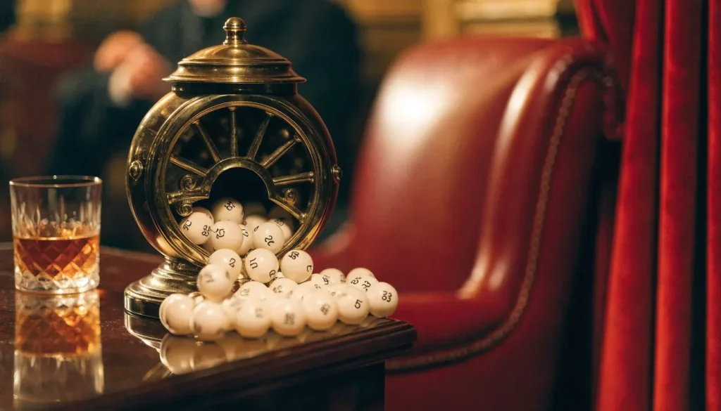 Numbered keno balls drawn from a brass machine in a British gentleman's club interior