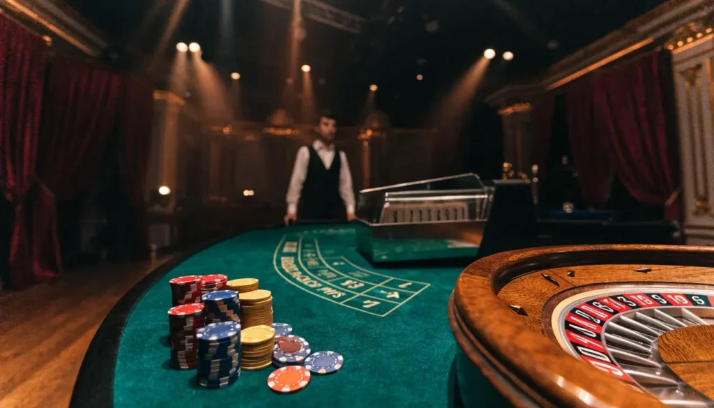 Elegant live casino studio with green felt table, stacked chips, and roulette wheel under warm amber lighting.
