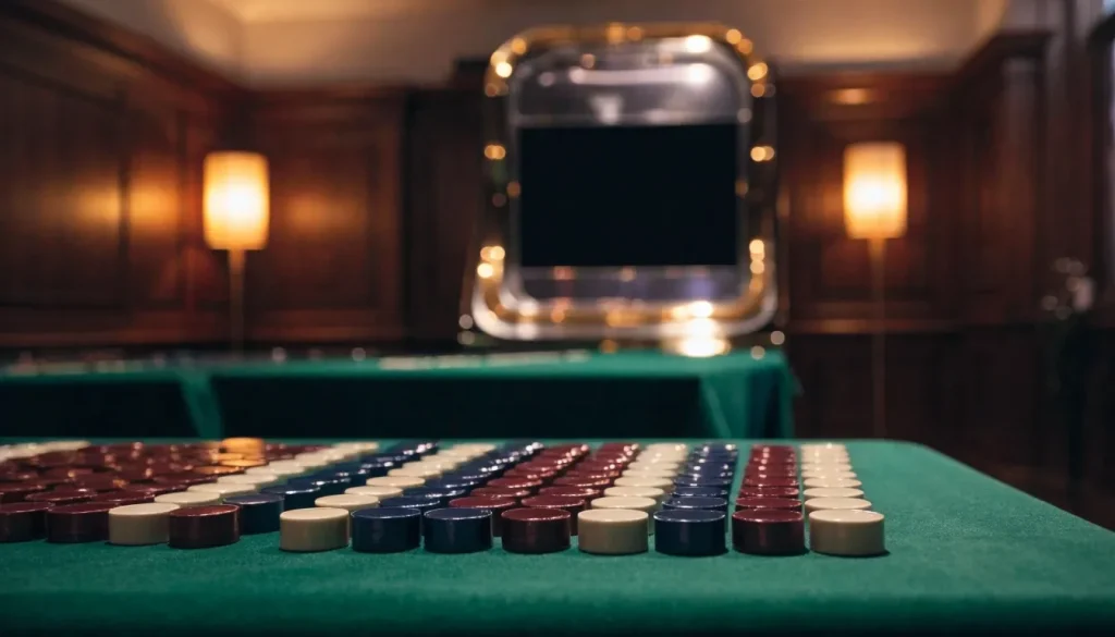 Orderly casino tokens in a calm, warmly lit UK casino lounge
