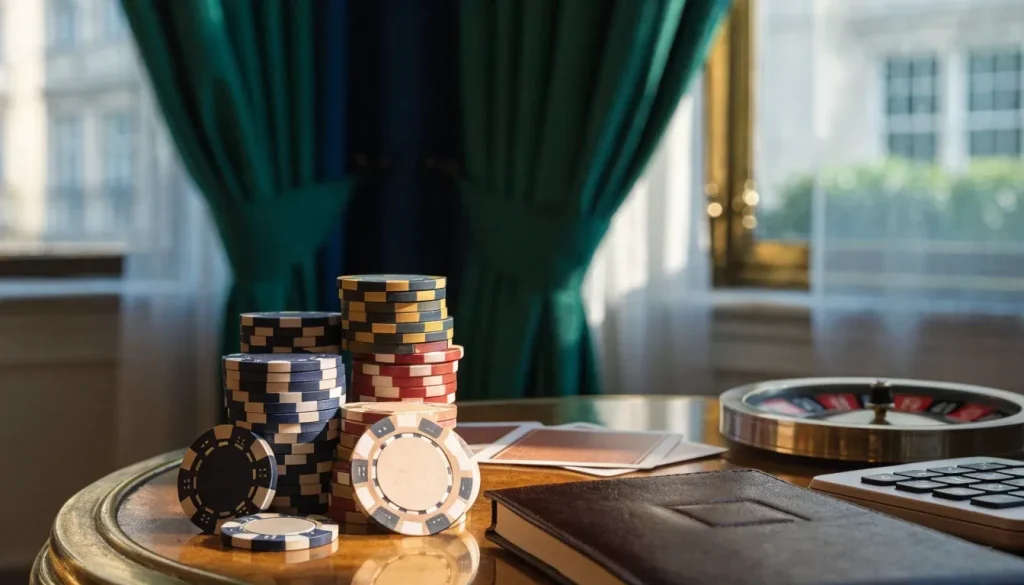 Casino chips, cards, roulette wheel and calculator on a premium table
