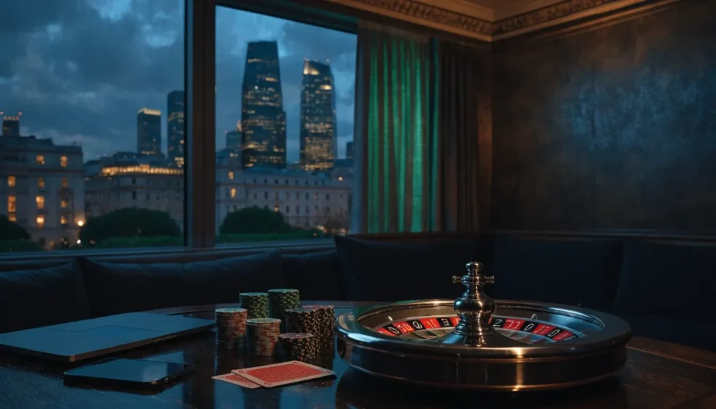 British casino lounge with roulette wheel, coloured chips and closed laptop