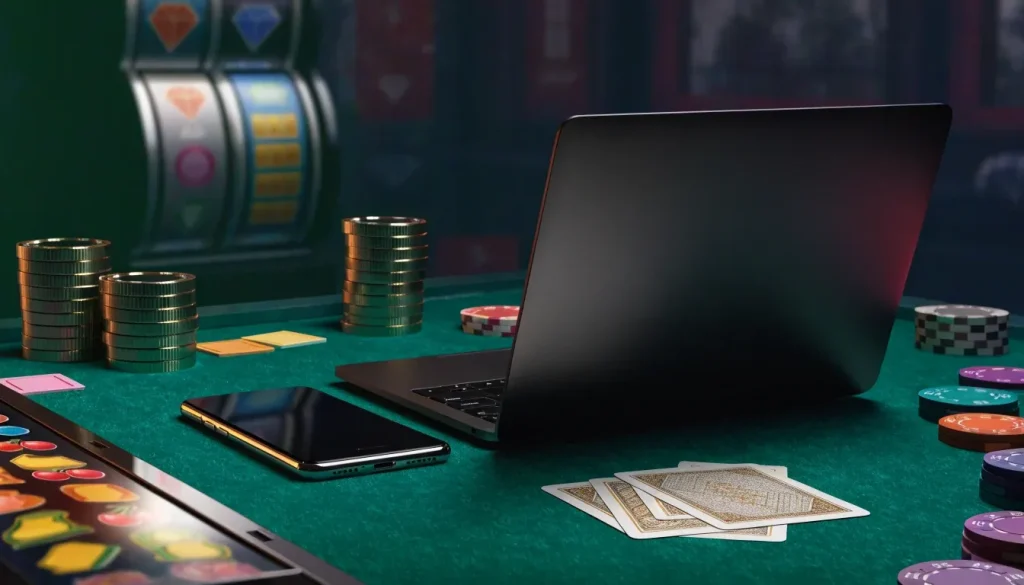 Premium UK casino gaming scene with blank devices, tokens, cards and roulette chips