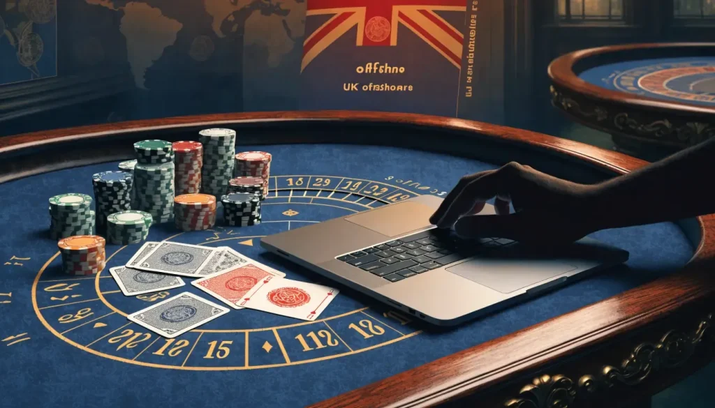 UK gambler-themed roulette scene with closed laptop and casino chips