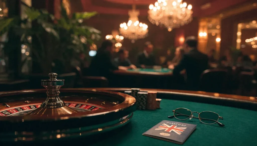 British passport and glasses on a casino table with roulette wheel in background